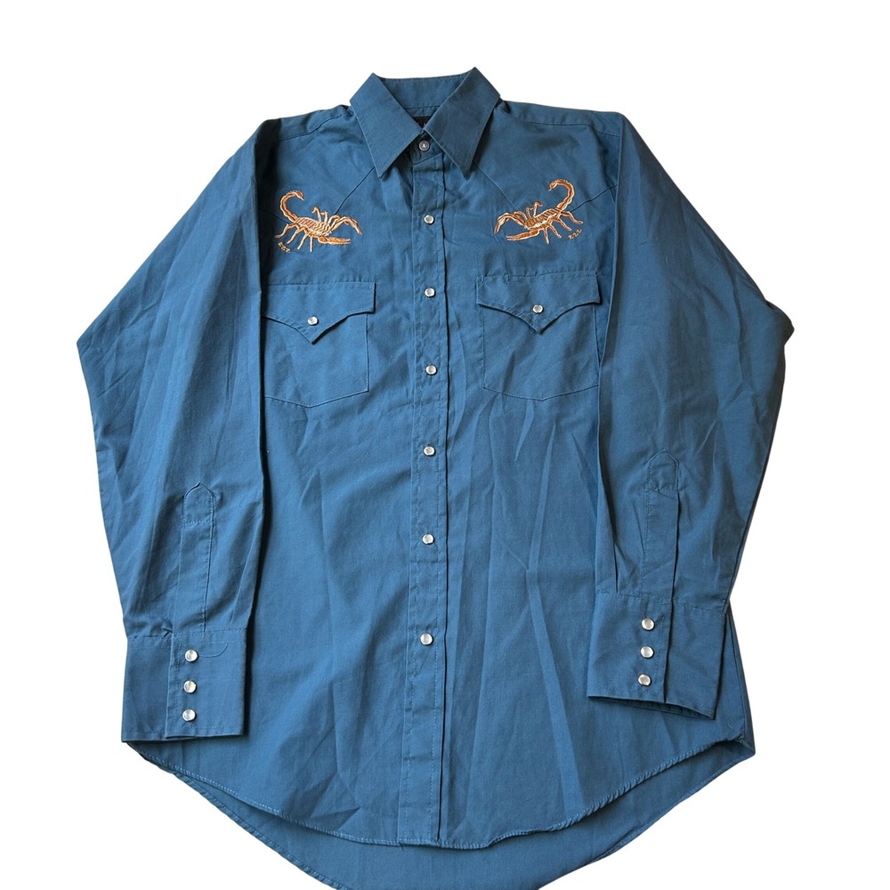 Plains Western Wear Shirt Small Teal Scorpion Embroidery Pearl Snap Long Sleeve